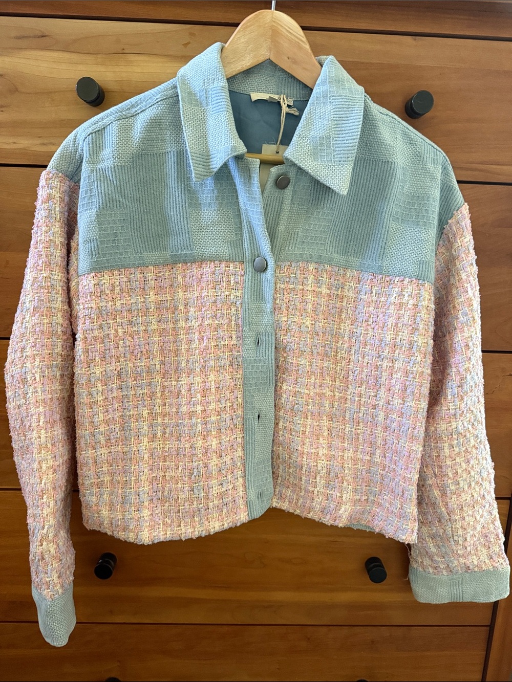 Mystree Pastel Tweed & Knit Boxy Jacket - Light Blue and Multi Size S